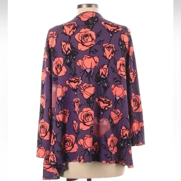 LuLaRoe Open Front Caroline Cardigan Floral Roses Hearts Florist Size S Small - Picture 2 of 4
